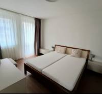 Bedroom in a 2-room apartment with a bed and a wooden decor floor.