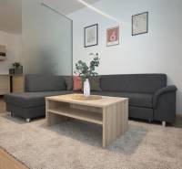Gray sofa with a wooden coffee table and kitchen in a 3-room apartment.