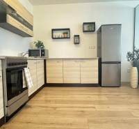 Kitchen in a 3-room apartment with a countertop and refrigerator, floor with wooden decor.