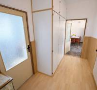 A hallway with a wood-patterned floor, built-in wardrobes, and doors to a three-room apartment.