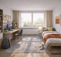 A bright room in a 3-room apartment with a wooden decor floor, a bed, and a desk.