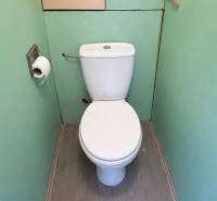 A toilet with a wooden floor design in a three-room apartment.