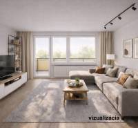 Spacious living area in a 3-room apartment with a sofa and wood-patterned flooring.
