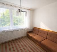 Living room in a three-room apartment with a sofa and a window with curtains, floor with wooden decor.