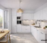 Bright kitchen in a 3-room apartment, white furniture, dining area, large windows.