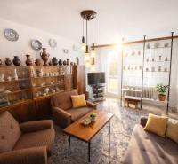 Living room in a 3-room apartment with vintage furniture and porcelain decorations.