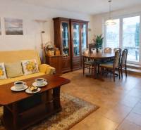 Living room in a family house with a dining table, shelves, and a sofa.