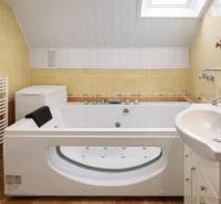 Bathroom with a hot tub and a washing machine in a family house, under a skylight.