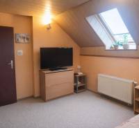 Attic room with carpet, television, and skylight in a family house.