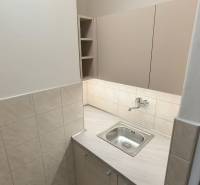 A kitchenette with a sink, cabinets, and light-colored paneling in a studio apartment.