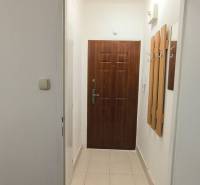 Entrance hallway in a studio apartment with light-colored tiles and wooden doors.