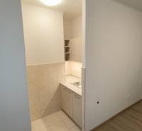 Kitchen corner in a studio apartment with a wooden decor floor and light tiles.