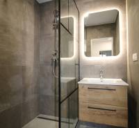 Elegant bathroom with a frameless shower enclosure and modern sink in a 3-room apartment.