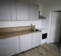 A kitchen in a 3-room apartment with a wooden decor floor and a simple kitchen unit.