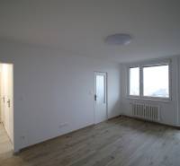 Living room in a 3-room apartment with windows, doors, and a floor with a wooden decor.