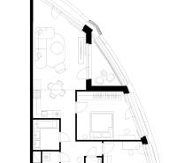 Floor plan of a 3-room apartment with a kitchen, living room, and bathroom.