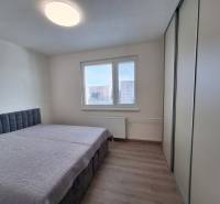 A bedroom with a bed, a wardrobe, and a wooden decor floor in a two-room apartment.