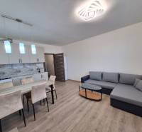 Living room of a two-room apartment with a corner sofa, dining table, and wooden decor flooring.