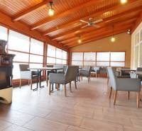 Interior of commercial spaces with wood-patterned flooring and a wood-burning stove.