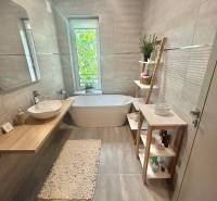 A stylish bathroom in a 2-room apartment with a bathtub, a sink on a wooden countertop, and decorations.