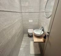 Bathroom in a 2-room apartment with a sink on wooden decor and modern tiles.