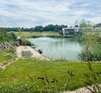 A lake with a fountain surrounded by nature in Hrubá Borša on Golfová Street near a 2-room apartment.