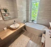 A bathroom in a 2-room apartment with a freestanding bathtub and a large window.