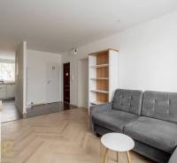 Living room in a three-room apartment with a wood-patterned floor and a gray sofa.