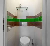 A bathroom in a 3-room apartment with striking green-brown tiles and sanitary ware.