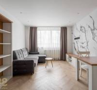 Living room in a 3-room apartment with a wooden decor floor and a gray sofa.