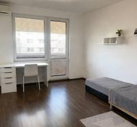 Interior of a 4-room apartment with a bright room, a work desk, a sofa, and a floor with a wooden decor.