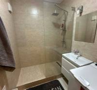 A bathroom with a shower, sink, and washing machine in a 4-room apartment.