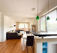 Living area of a 2-room apartment with a wooden decor floor and green lighting fixtures.