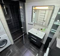 A bathroom with black tiles, a shower corner, a mirror, and a washing machine in a 3-room apartment.