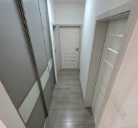 A narrow hallway with wood-patterned flooring, built-in wardrobes, and white doors in a 3-room apartment.