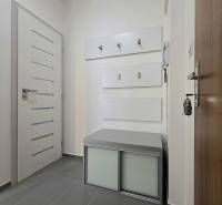 Entrance hall of a 3-room apartment with white walls and gray tiles.