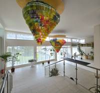 Colorful glass chandeliers in the interior of a 3-room apartment with large windows and plants.