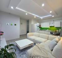 Living room with kitchen, 3-room apartment, wooden decor flooring, light-colored sofa set.