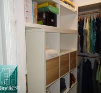 A wardrobe in a 2-room apartment with shelves and hanging shirts.