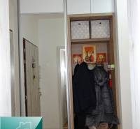 A hallway in a 2-room apartment with a wooden decor floor, built-in wardrobe with sliding doors.