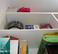 A shelf in a 2-room apartment with stored items like boxes and mats.