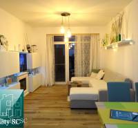 Living room with a sofa, furniture, and wood-patterned flooring in a two-room apartment.