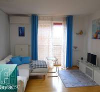 Living room in a studio apartment with a white sofa, blue curtains, and a wooden decor floor.
