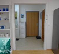 Interior of a 1-room apartment with a shelf, refrigerator, and wooden decor flooring.