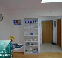 Interior of a 1-room apartment with a shelf, clock, painting, and floor with a wooden decor.