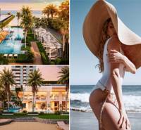 Pattaya, construction of apartments with a luxury pool, palm trees, and a modern coastline.