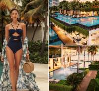 A woman in a swimsuit by the pool, apartment construction in Pattaya, luxurious setting with palm trees.