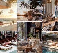 Luxury beach resorts and comfortable loungers, apartment construction near the ocean in Pattaya.