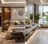 Luxury bedroom and bathroom in a two-room apartment with wood-patterned flooring.