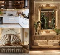 Luxurious interior of a 2-room apartment with decorative golden elements, exotic plants, and a floor with a wooden decor.